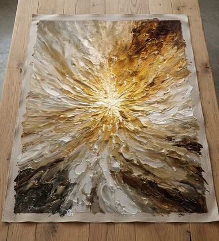 Solar Eruption hand-painted original as unrolled canvas on studio table, shown without frame