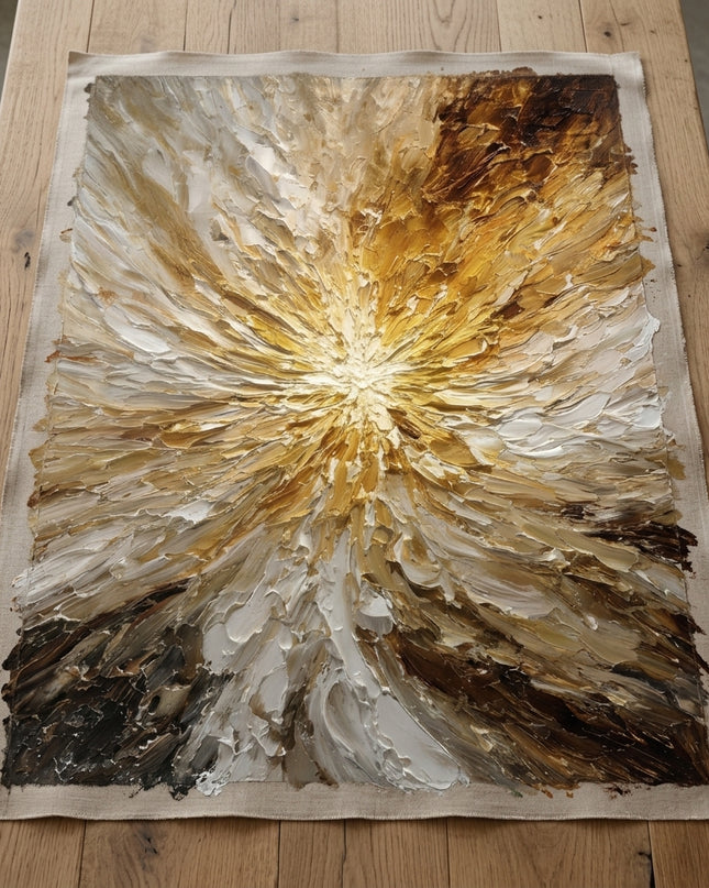 Solar Eruption hand-painted original as unrolled canvas on studio table, shown without frame