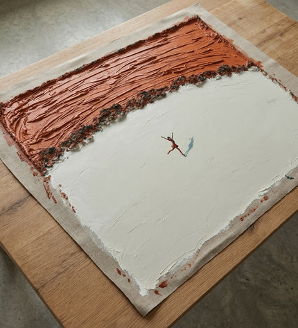 Solitary Grace hand-painted original as unrolled canvas on studio table, shown without frame