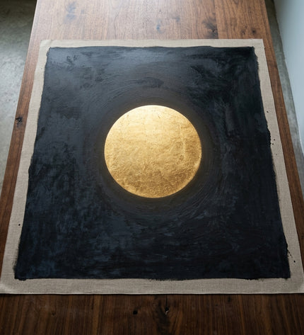 Sphere of Serenity hand-painted original as unrolled canvas on studio table, shown without frame