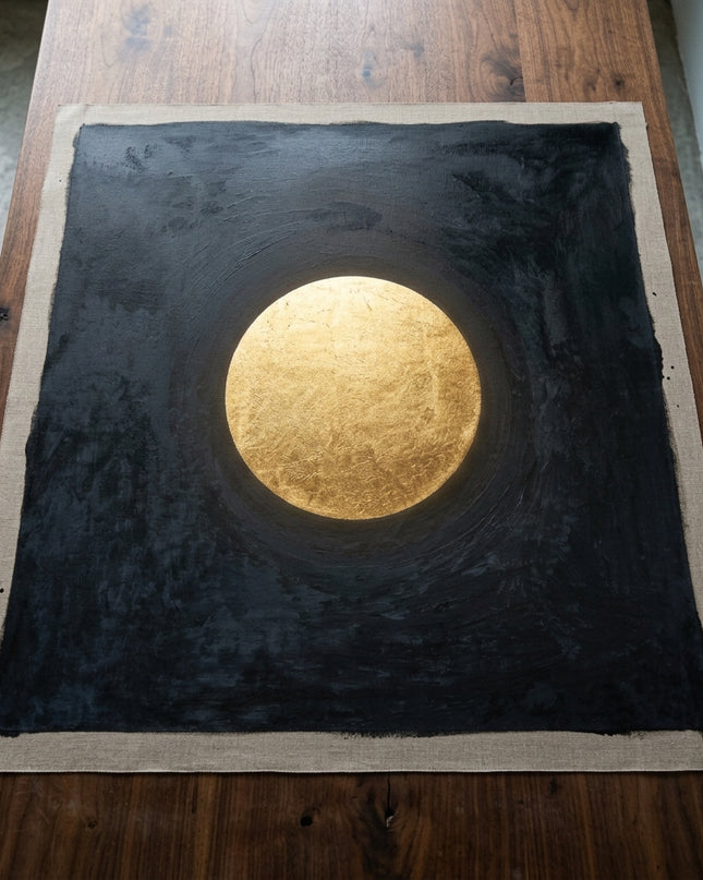 Sphere of Serenity hand-painted original as unrolled canvas on studio table, shown without frame