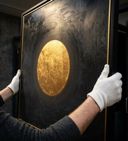 Sphere of Serenity original oil painting held by a gallerist with white cotton gloves, gold leaf circle close-up