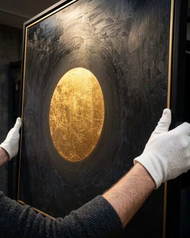 Sphere of Serenity original oil painting held by a gallerist with white cotton gloves, gold leaf circle close-up
