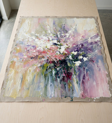 Spring Sonata hand-painted original as unrolled canvas on studio table, shown without frame