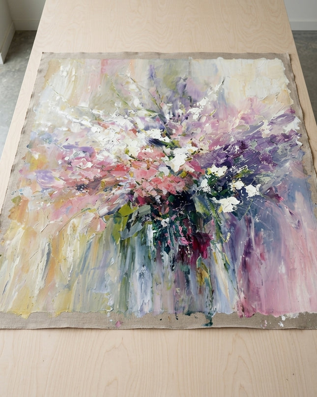 Spring Sonata hand-painted original as unrolled canvas on studio table, shown without frame