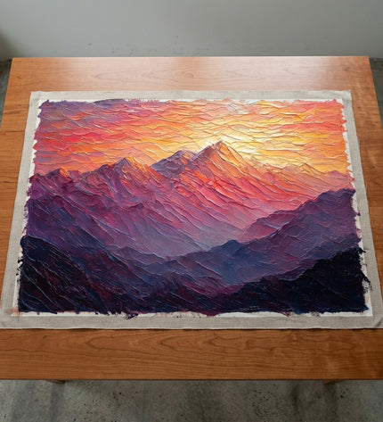 Sunset Reverie hand-painted original as unrolled canvas on studio table, shown without frame