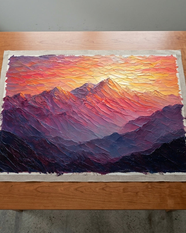Sunset Reverie hand-painted original as unrolled canvas on studio table, shown without frame