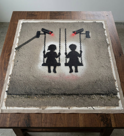 Surveillance Playground hand-painted original as unrolled canvas on studio table, shown without frame