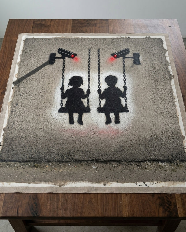 Surveillance Playground hand-painted original as unrolled canvas on studio table, shown without frame