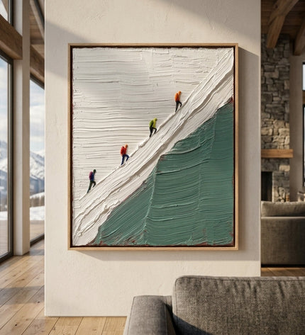 The Ascent original hand-painted mountain art in modern lodge living room