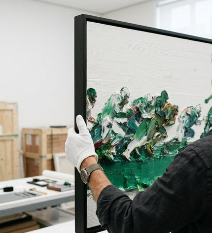 Art handler presenting The Breakaway large format original painting
