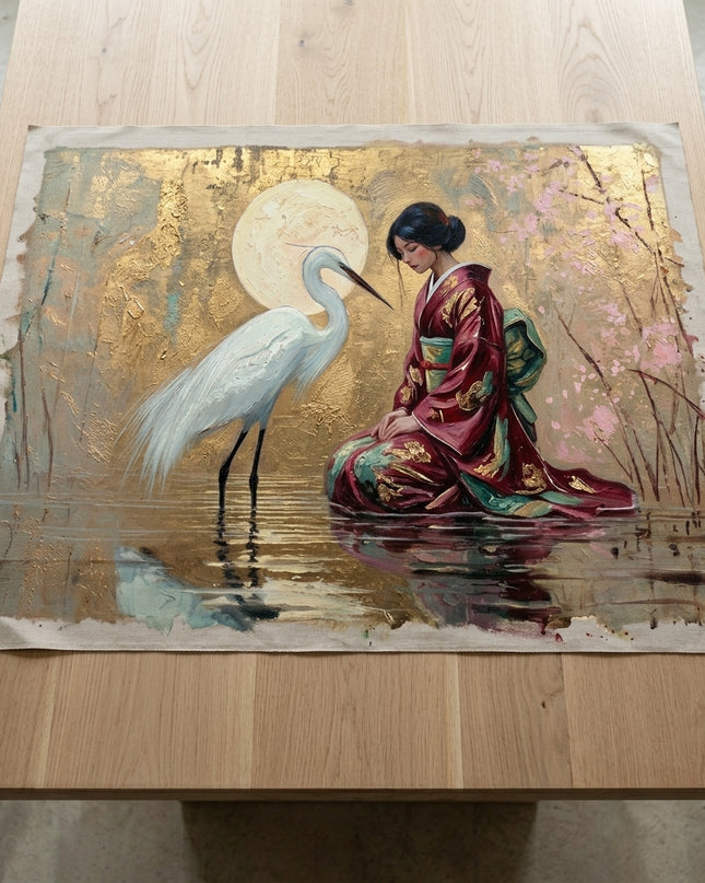 The Geisha's Fortune hand-painted original as unrolled canvas on studio table, shown without frame