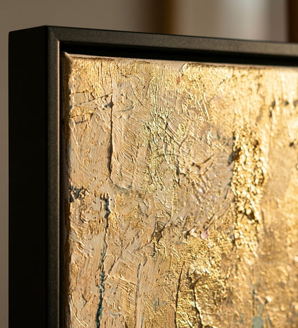 Close-up detail of The Geisha's Fortune showing textured brushwork in gold and golden tones