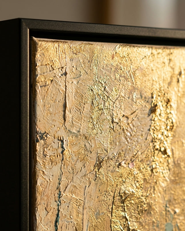 Close-up detail of The Geisha's Fortune showing textured brushwork in gold and golden tones
