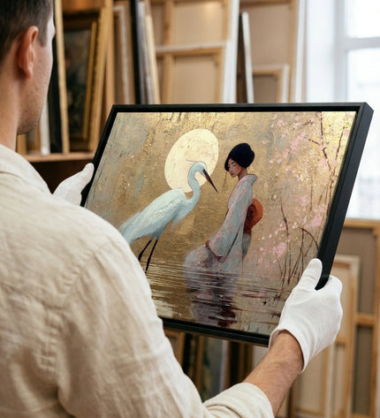 Art handler presenting The Geisha's Fortune large-format original painting