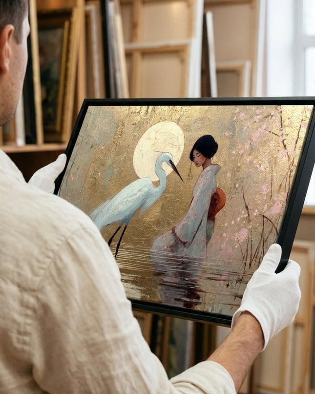 Art handler presenting The Geisha's Fortune large-format original painting