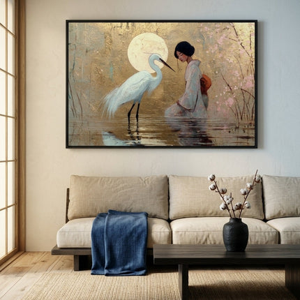 The Geisha's Fortune hand-painted landscape painting displayed in a contemporary living room