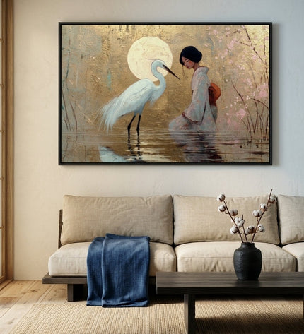 The Geisha's Fortune hand-painted landscape painting displayed in a contemporary living room
