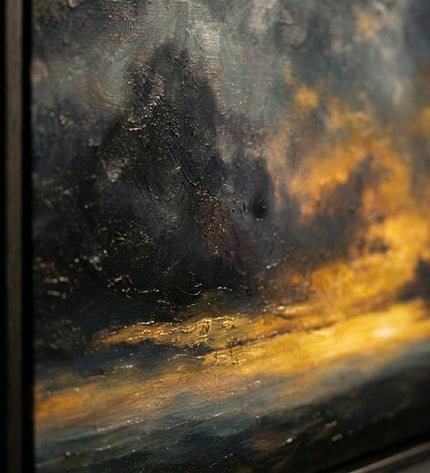 Close-up detail of The Last Light showing gold and charcoal brushstrokes