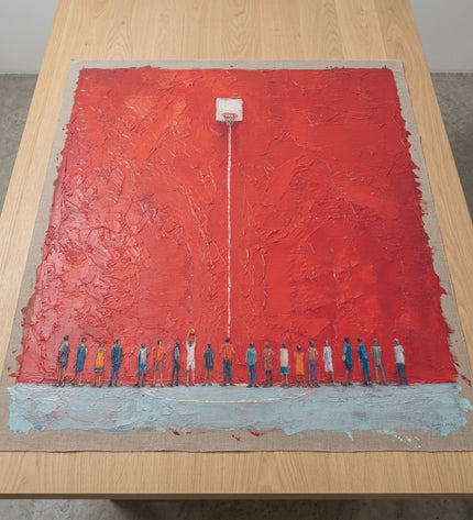 The Lineup hand-painted original as unrolled canvas on studio table, shown without frame