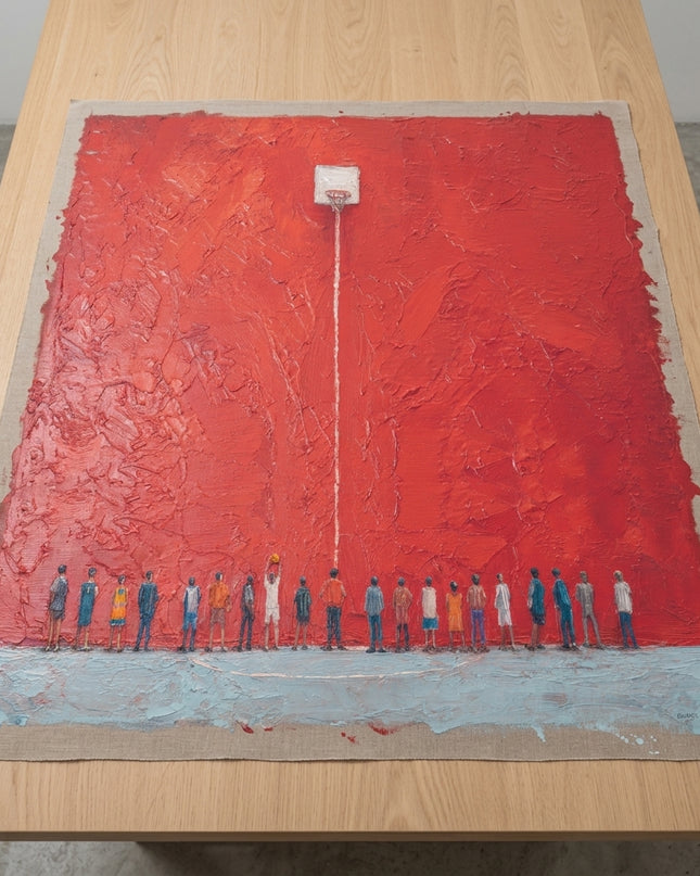 The Lineup hand-painted original as unrolled canvas on studio table, shown without frame