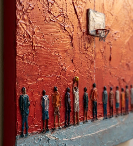 Close-up detail of The Lineup showing textured brushstrokes and impasto red