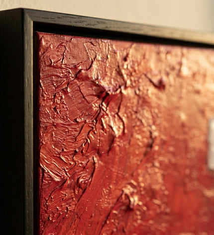 Close-up detail of The Lineup frame corner showing L-shaped frame edge and impasto texture