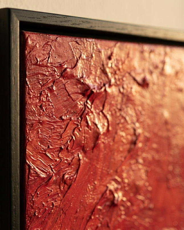 Close-up detail of The Lineup frame corner showing L-shaped frame edge and impasto texture