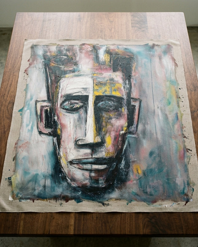 The Listener hand-painted original as unrolled canvas on studio table, shown without frame