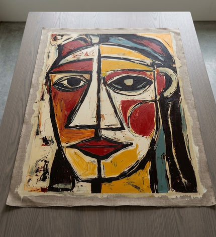 The Watcher hand-painted original as unrolled canvas on studio table, shown without frame