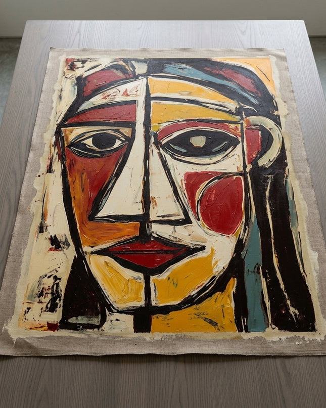 The Watcher hand-painted original as unrolled canvas on studio table, shown without frame
