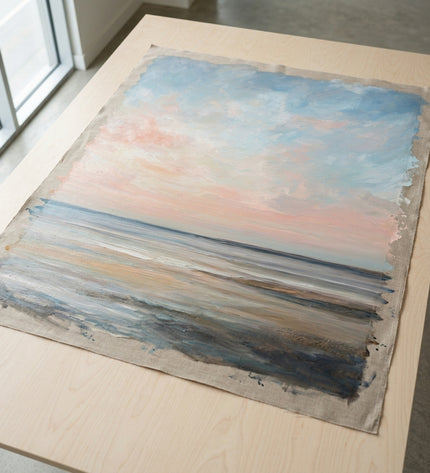 Tranquil Waters hand-painted original as unrolled canvas on studio table, shown without frame