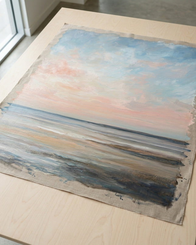 Tranquil Waters hand-painted original as unrolled canvas on studio table, shown without frame