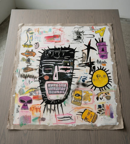 Tribal Pop hand-painted original as unrolled canvas on studio table, shown without frame