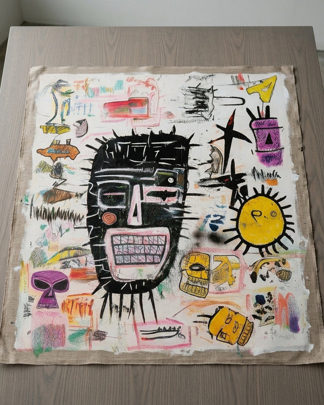 Tribal Pop hand-painted original as unrolled canvas on studio table, shown without frame