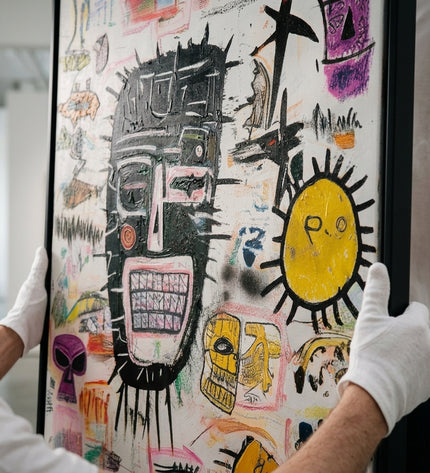 Tribal Pop original oil painting held by a gallerist with white cotton gloves, neo-expressionist texture close-up