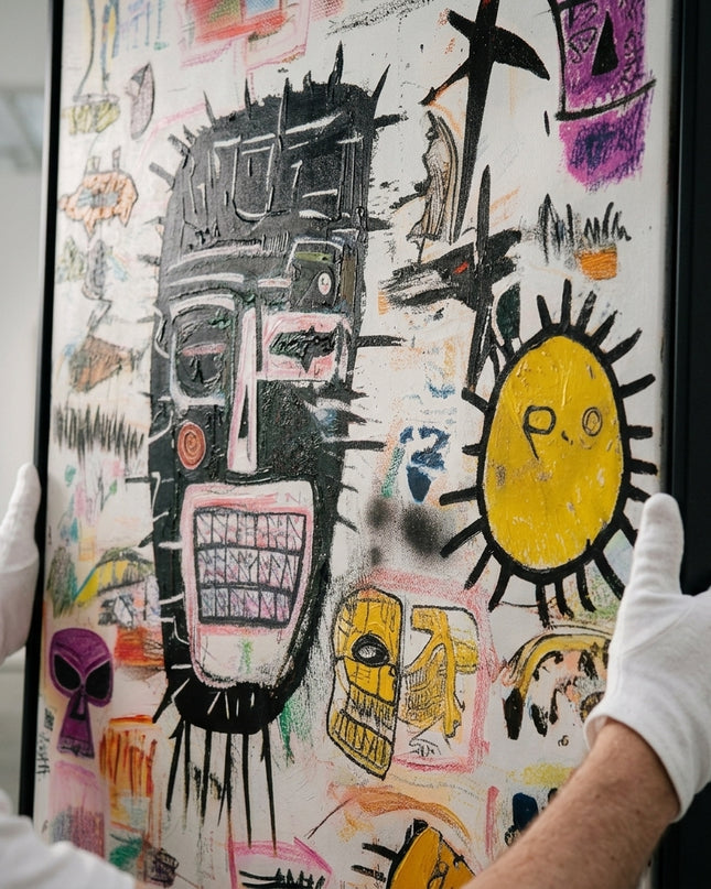 Tribal Pop original oil painting held by a gallerist with white cotton gloves, neo-expressionist texture close-up