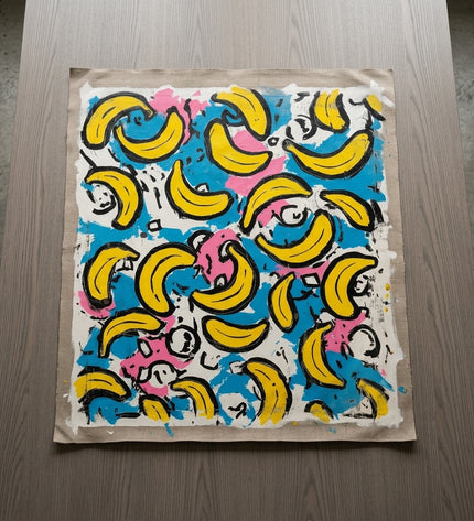 Tropical Pop hand-painted original as unrolled canvas on studio table, shown without frame
