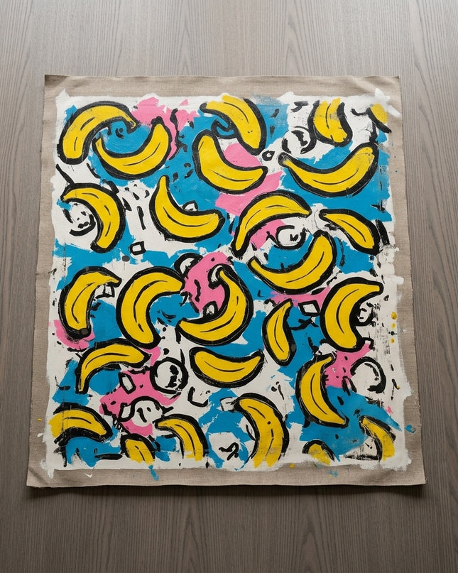 Tropical Pop hand-painted original as unrolled canvas on studio table, shown without frame