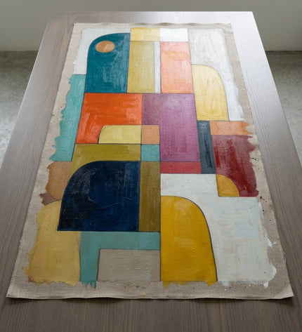 Urban Mosaic hand-painted original as unrolled canvas on studio table, shown without frame