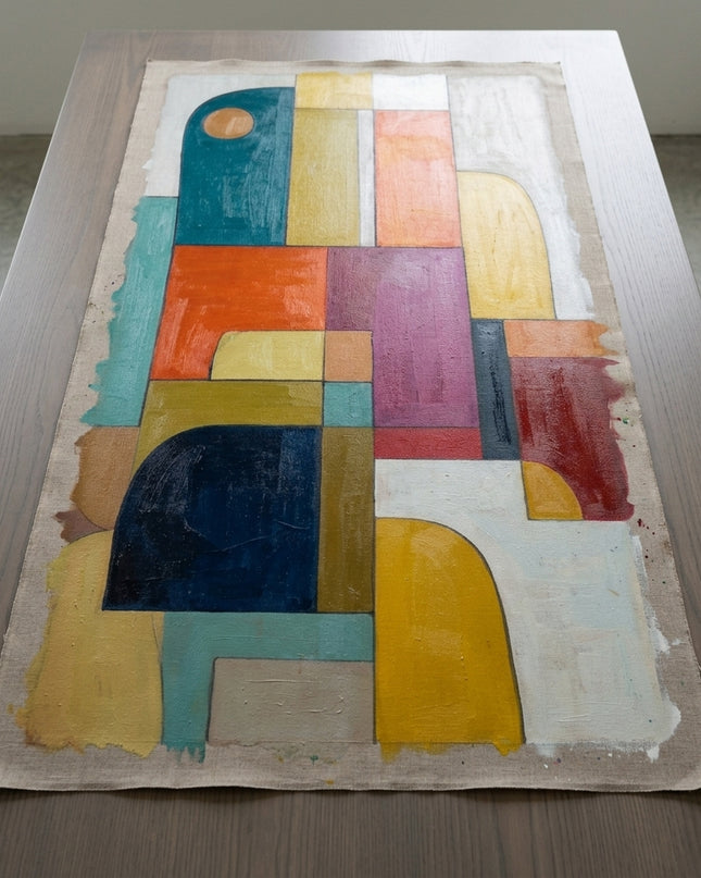 Urban Mosaic hand-painted original as unrolled canvas on studio table, shown without frame