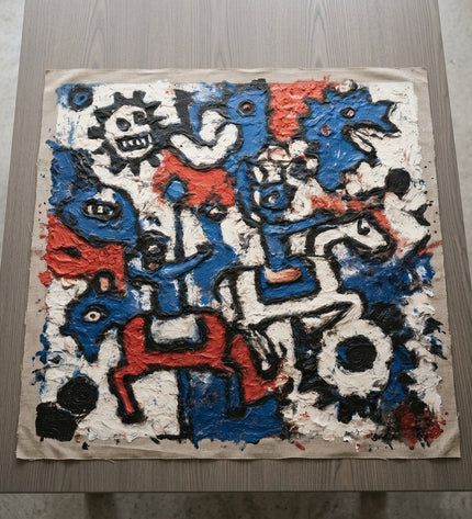 Urban Totems hand-painted original as unrolled canvas on studio table, shown without frame