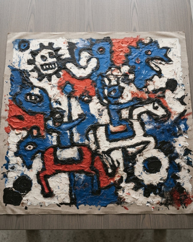 Urban Totems hand-painted original as unrolled canvas on studio table, shown without frame