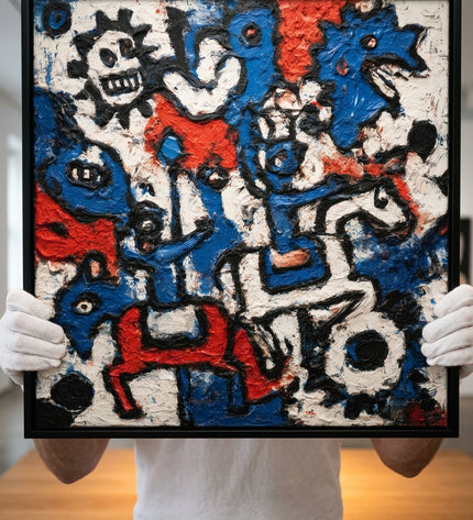 Urban Totems original oil painting held by a gallerist with white cotton gloves, cobalt and brick red graffiti impasto close-up