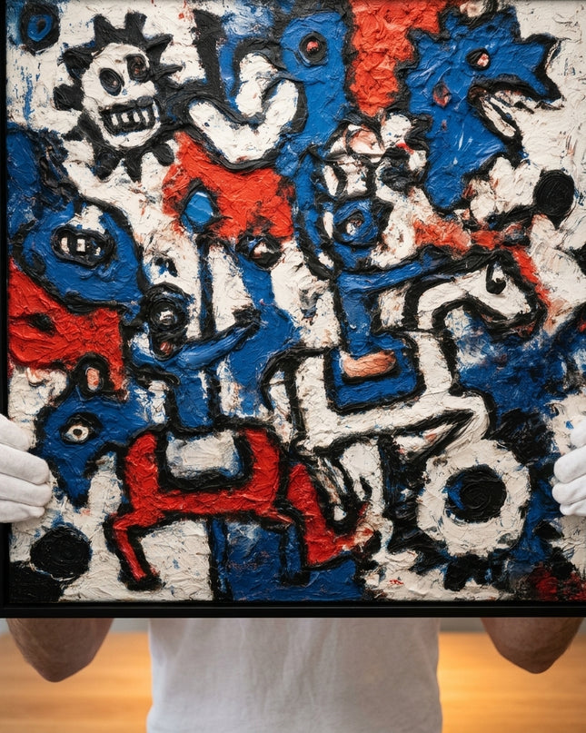 Urban Totems original oil painting held by a gallerist with white cotton gloves, cobalt and brick red graffiti impasto close-up