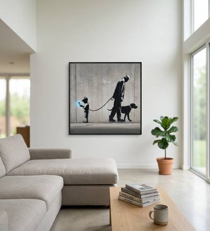 Digital Dependency hand-painted figurative painting displayed in a spacious open-plan living room