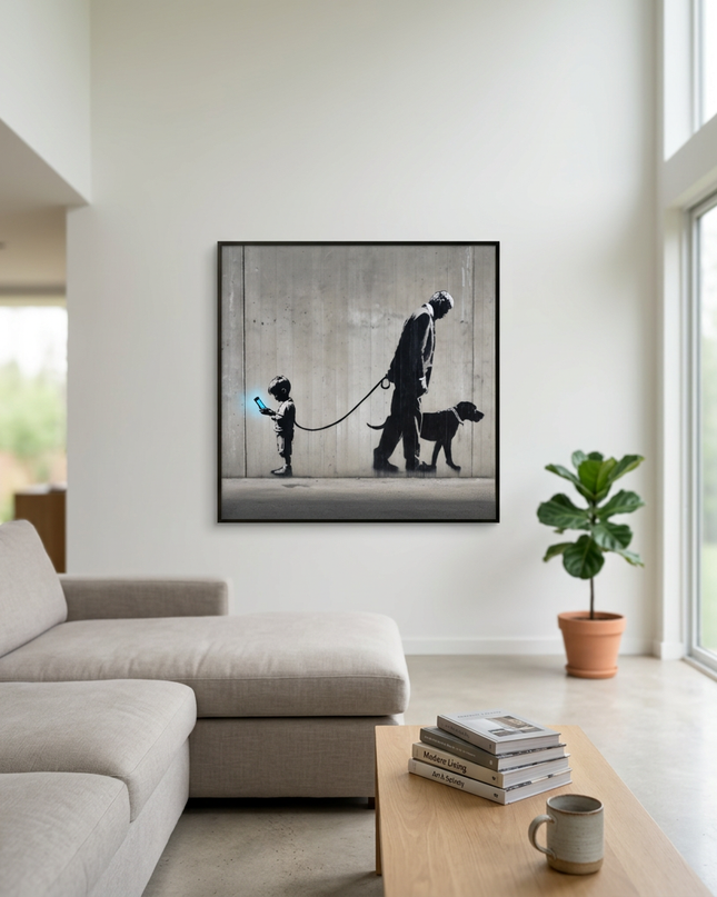 Digital Dependency hand-painted figurative painting displayed in a spacious open-plan living room