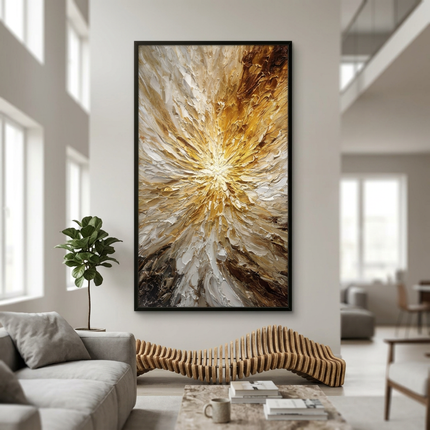Solar Eruption hand-painted contemporary painting displayed in a spacious open-plan living room