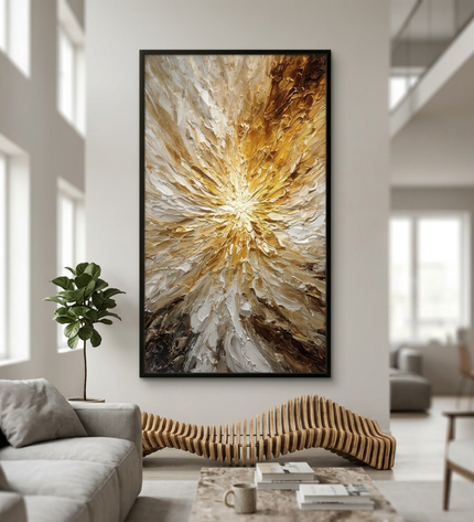 Solar Eruption hand-painted contemporary painting displayed in a spacious open-plan living room