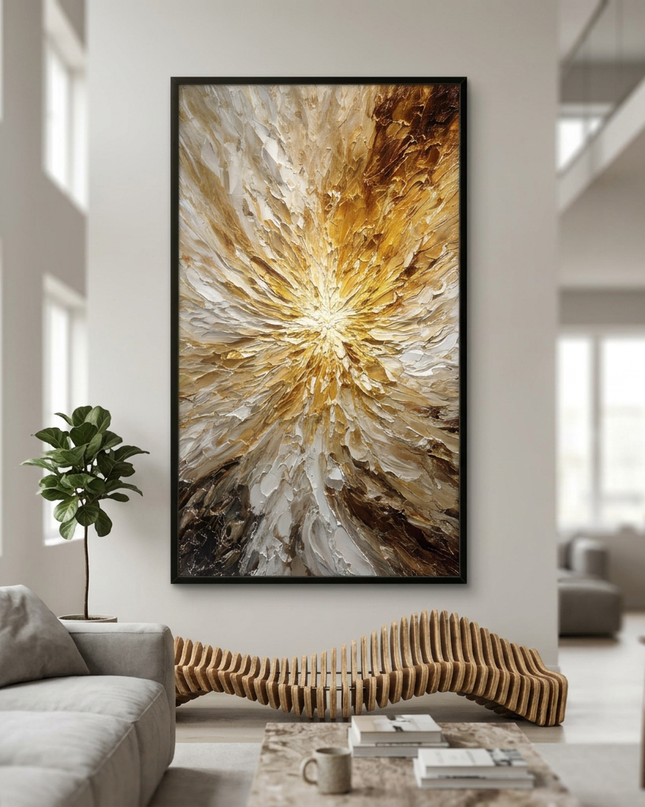Solar Eruption hand-painted contemporary painting displayed in a spacious open-plan living room